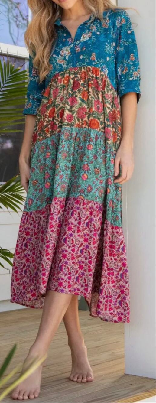 Natural Life Rebecca Midi Dress Cream Turquoise Mix Short Sleeve size Medium